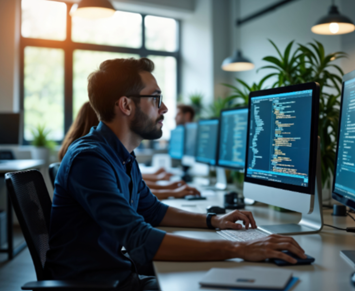 Data migration experts working at computer monitors